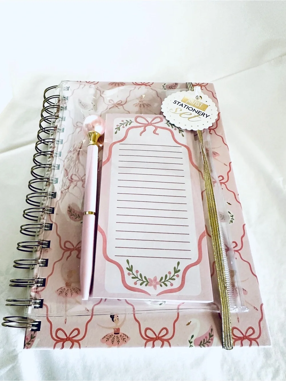 Pink Ballerina Spiral Notebook + Pen & Notepad Stationery Set